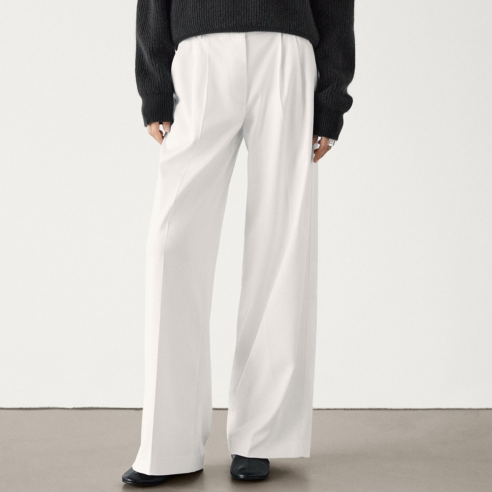 NWT Massimo Dutti‎ Wide Leg Trousers Pleated Front Cream Size 12 Minimalist Chic